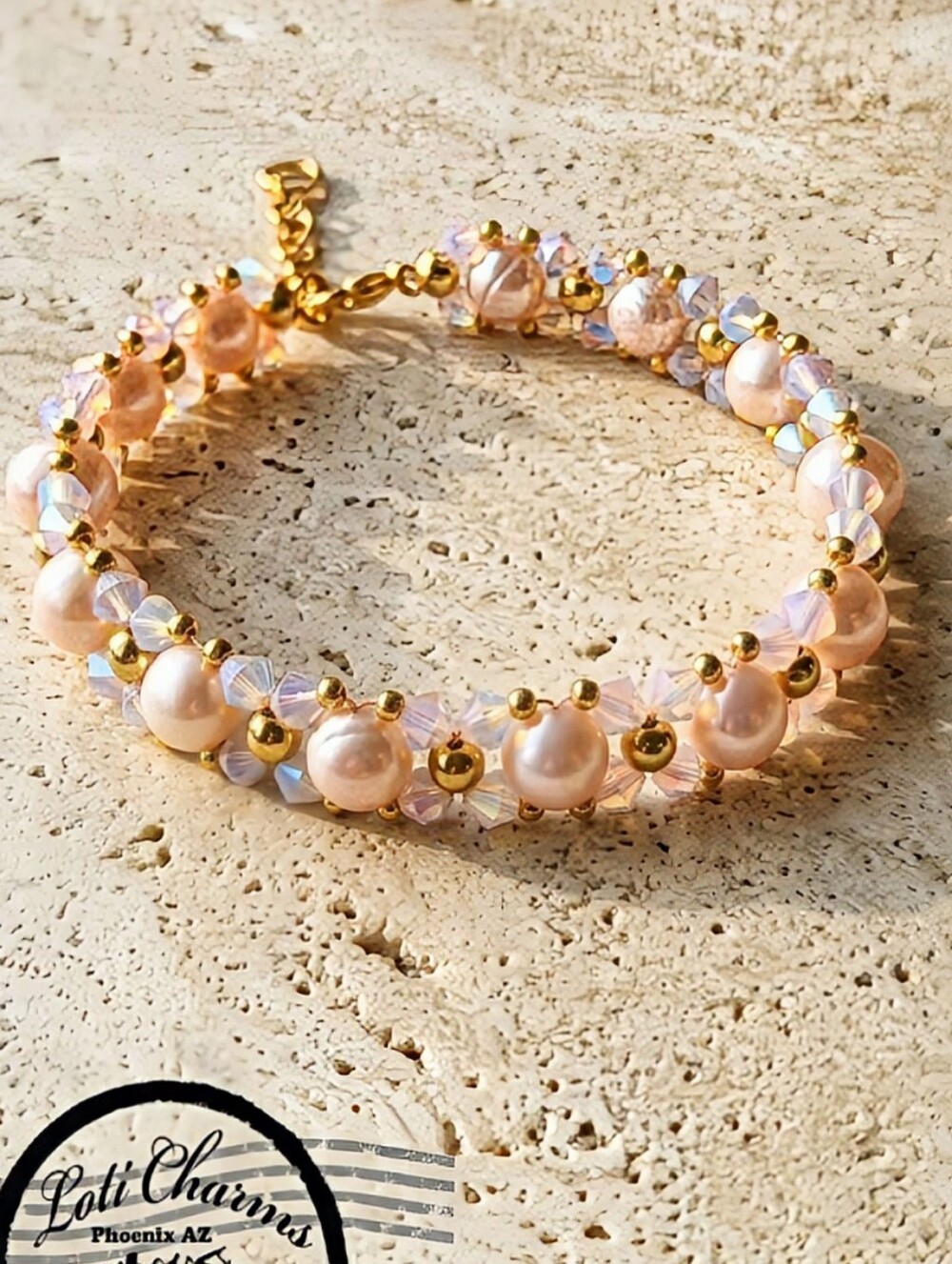 Elegant Pink Rose Opal AB Crystals & Pearls In Artisan Handwoven Beauty Bracelet